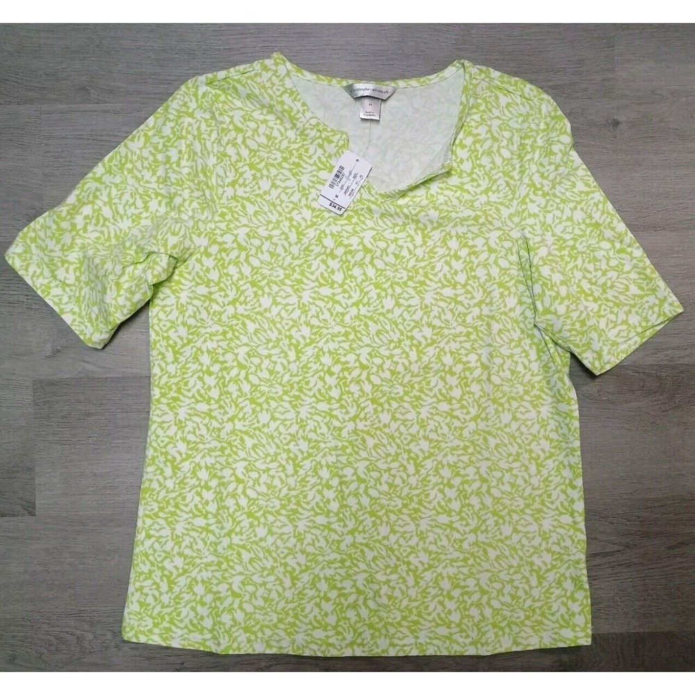 Christopher Banks Lime Green White Print Short Sleeve Blouse Size Medium Nwt